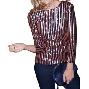 Boden Aubrey Sequin Top Navy Pink Stripe Zip V-Back 3/4 Sleeve Stretch Lined‎ 12